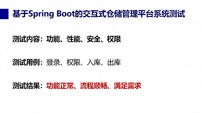 生成一页本科毕业论文答辩PPT系统测试页，主题为基于Spring Boot的交互式仓储管理平台的设计与实现，风格简洁学术，商务蓝白配色，严肃正式，无黑底，内容包含要点：- 测试内容：功能、性能、安全、权限 - 测试用例：登录、权限、入库、出库 - 结果：功能正常、流程顺畅、满足需求，页面排版工整，重点突出