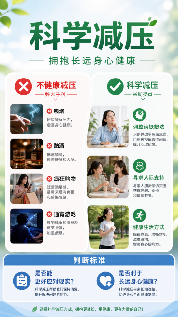 心理健康科普海报，主题为科学减压 vs 不健康减压。画面主标题"科学减压"，副标题"拥抱长远身心健康"。左侧红色叉号标注不健康减压方式：吸烟、酗酒、疯狂购物、通宵游戏，文字说明"弊大于利"；右侧绿色对预览效果