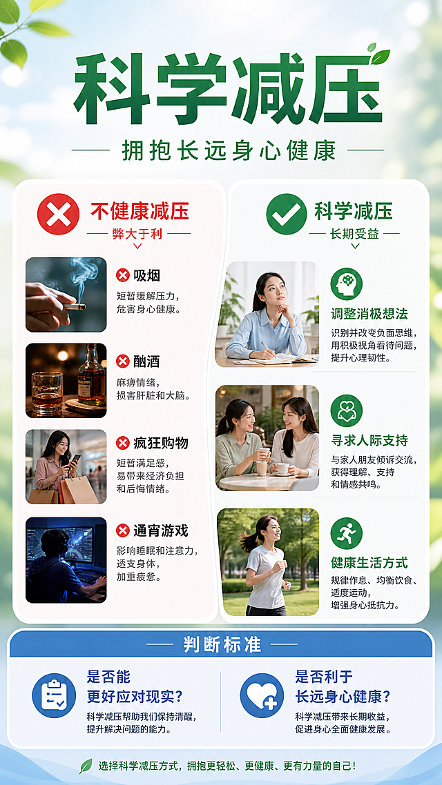 心理健康科普海报，主题为科学减压 vs 不健康减压。画面主标题"科学减压"，副标题"拥抱长远身心健康"。左侧红色叉号标注不健康减压方式：吸烟、酗酒、疯狂购物、通宵游戏，文字说明"弊大于利"；右侧绿色对勾标注科学减压方式：调整消极想法、寻求人际支持、健康生活方式。底部标注判断标准：是否能更好应对现实？是否利于长远身心健康。写实商业设计风格，版式精美，清晰分区，文字清晰可读，绿色和蓝白色配色，简约干净，9:16竖版