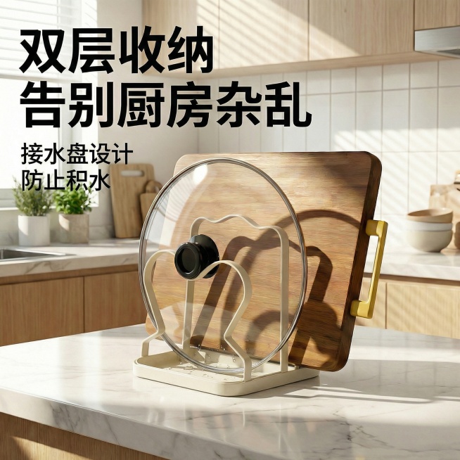 将产品替换为奶油白配色，奶油白锅盖砧板架，清晰展示产品可同时放置锅盖和砧板的结构，搭配文字“双层收纳 告别厨房杂乱”“接水盘设计 防止积水”，理性展示卖点，电商详情图风格，视觉收敛，聚焦产品功能预览效果