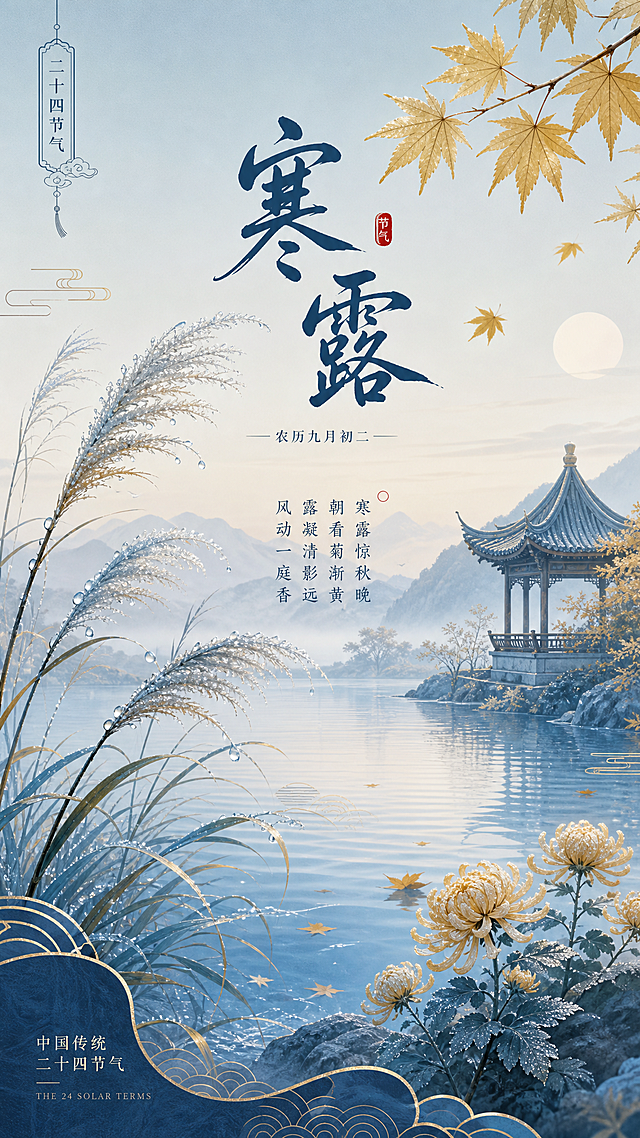 1080×1920竖版海报，二十四节气寒露主题，国潮插画风格，搭配中式传统纹样，淡雅配色，层次分明氛围感强，适合社交媒体传播，画面清晰细腻，没有杂乱元素