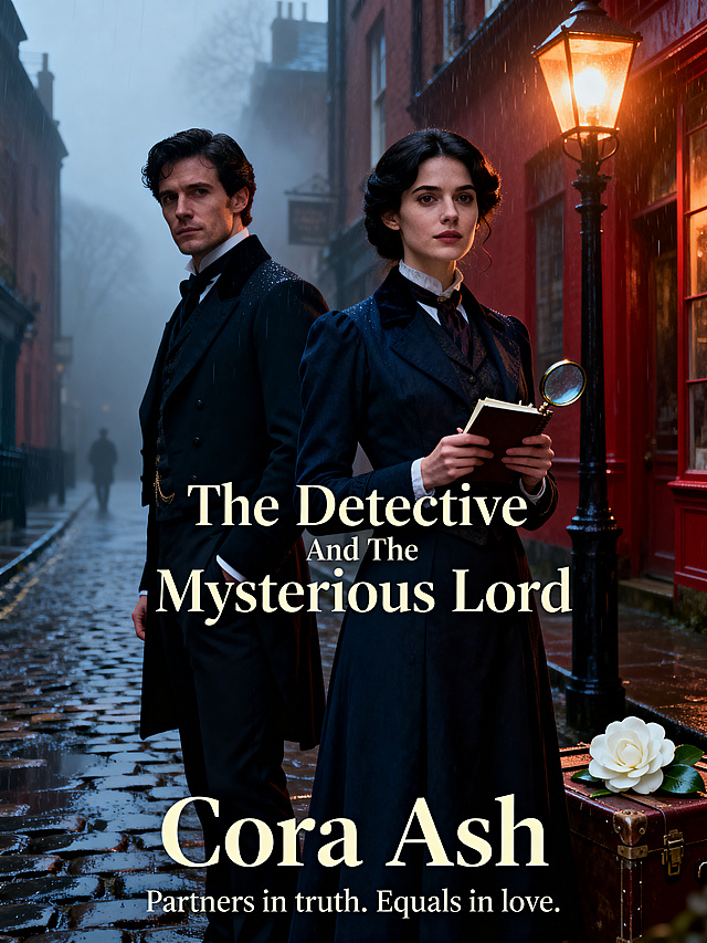 A Victorian gaslamp female detective mystery romance book cover 'The Detective And The Mysterious Lord' by Cora Ash, 3:4 vertical format. Foggy 1898 Victorian cobblestone street with warm amber gaslight glow, rain-slicked surfaces. 24-year-old female lead Chloe Reed: sharp intelligent dark-haired woman detective in practical dark Victorian detective attire, holding a notebook and magnifying glass, confident observant stance. 32-year-old male lead Lord Silas Black: reserved dark-haired aristocrat in tailored dark Victorian gentleman's wear, standing beside her in equal partnership, both facing an unseen threat. White camellia flower (serial killer signature) resting on a nearby crate. Color palette: deep Victorian red, foggy grey, warm gaslight amber, midnight blue. Text: 'The Detective And The Mysterious Lord' in elegant Victorian serif font at upper third, 'Cora Ash' in clean light cream serif at lower third. Tagline: 'Partners in truth. Equals in love.' Sophisticated suspenseful mood with romantic undertones, equal partnership no damsel trope, iOS 17+ safe, no graphic violence. Cinematic gaslight lighting, warm amber glow against deep foggy shadows, sharp foreground characters, atmospheric foggy background, historically accurate Victorian details, sophisticated elegant texture