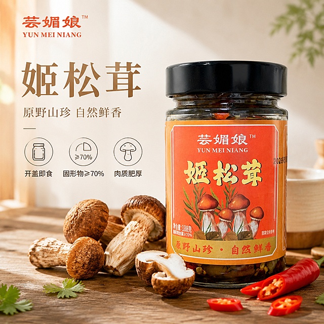 [单张主图] 商品名称为芸媚娘姬松茸，参考前几款山珍产品主图的风格生成，路线选择高级氛围感主图，目标打造兼具食欲感与品质感的淘宝天猫主图，延续同系列品牌风格，突出开盖即食山珍姬松茸香辣下饭的新鲜天然感。
[参考比对] 参考图统一为左文右物场景型版式，左侧大面积留白放文字，产品放右侧，底部木纹台面承托，左上品牌位，文字层级为主标题+副文案+3个图标卖点，风格自然食欲风，浅原木米白背景，自然侧光，整体风格和版式沿用参考图，只替换当前产品和对应卖点文案，保持同系列调性完全统一。
[画面主体] 画面主体保持输入产品图中芸媚娘姬松茸玻璃罐头的外观、物理结构、材质质感、颜色完全一致，品牌Logo、文字信息与原图一致，杜绝任何变形、色差和结构错误，罐头完整展示，放置在画面中下部偏右，主体占画面约50%，罐头标签清晰可读。
[构图版式] 采用左文右物场景型版式，左侧大面积留白放置文字信息，产品放右侧放大，底部用原生木纹台面承托，和同系列产品（虎掌菌/鹿茸菇）风格版式完全保持一致，统一品牌调性。
[场景元素] 背景为浅原木米白厨房墙面，前景底部木纹台面，罐头周围摆放新鲜完整的姬松茸实体和切段红辣椒，增加食欲感和原料真实感，整体干净清爽，保留充足自然留白，点缀几片新鲜香草增加自然氛围，背景浅景深虚化，不抢主体。左上角品牌安全区放置提取自原图的芸媚娘品牌Logo，保持字形颜色比例一致，不遮挡主体。
[文案版式] 左上留白区域左对齐排版，大号主标题 "姬松茸"，使用棕黄色细衬线字体，字重适中；下方小号副文案 "原野山珍 自然鲜香"，使用同色系更小字号；底部3个线稿圆形轻图标，依次标注 "开盖即食" "固形物≥70%" "肉质肥厚"，图标浅灰色细线，文字棕红色小号。右侧品牌名保持在产品瓶身上，整体文字不遮挡产品主体，和参考主图排版保持完全一致。
[光影质感] 自然左侧窗光为主光，斜射光线柔和通透，右侧墙面形成轻微渐变阴影，产品瓶身玻璃高光自然真实，酱料油润光泽突出，姬松茸纹理质感清晰，浅景深效果突出主体，整体商业美食摄影高级质感，画面清晰通透，还原真实油润香辣食欲感，和同系列前两款产品光影风格完全统一。
[配色字体] 主色浅原木米白，辅助色提取自标签的橙红色和棕黄色，强调色保留香辣的辣椒红色，和产品标签橙红配色呼应；字体采用细衬线，主标题字号最大，副文案缩小一半，图标文字最小，层次清晰，品牌调性和同系列产品保持完全统一。
[比例分辨率] 1:1比例，2K分辨率，文字清晰可辨，超高清商业摄影质感。
[负向提示词] 变形，文字错乱，产品图模糊，背景杂乱，水印，电商平台Logo，错字，主体遮挡，低清晰度，错误结构