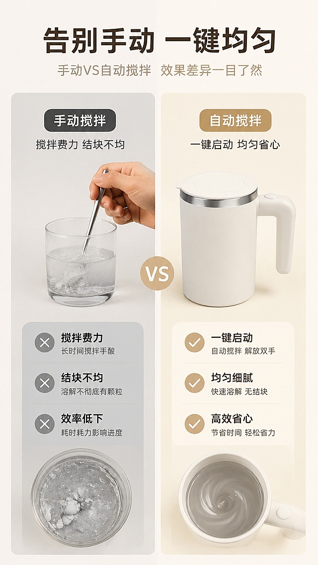 [第2屏] 痛点对比页，对比手动搅拌与自动磁力搅拌差异。本屏使用【图1】作为产品主体。
[氛围/风格] 简约清晰对比风，浅卡其背景，左右分栏对比，商业图文设计质感。
[元素布局] 页面左右等分对比，左侧展示手动搅拌：不均匀液体、手酸麻烦的场景；右侧展示本产品自动搅拌：均匀液体、解放双手的优势，产品放置在右侧占比约50%，产品结构颜色与原图一致。左右对比清晰，左侧标注痛点，右侧标注优势。
[光影质感] 均匀柔光照明，明暗清晰，对比分明，产品轮廓清晰。
[配色色系] 全局底色 #f0ebe4；左侧浅灰底，右侧米白底，主色米白，辅助浅卡其。
[视角构图] 左右分栏对比构图，阅读动线从左到右，对比一目了然。
[文字版式] 顶部主标题「告别手动 一键均匀」，左栏标题「手动搅拌」配痛点文案「搅拌费力 结块不均」，右栏标题「自动搅拌」配优势文案「一键启动 均匀省心」，文字清晰不遮挡产品主体。
[比例分辨率] 9:16竖版比例，4K分辨率，文字清晰可辨，高清画质。
[负向提示词] 产品变形，颜色偏差，文字错乱，水印，背景杂乱，对比模糊