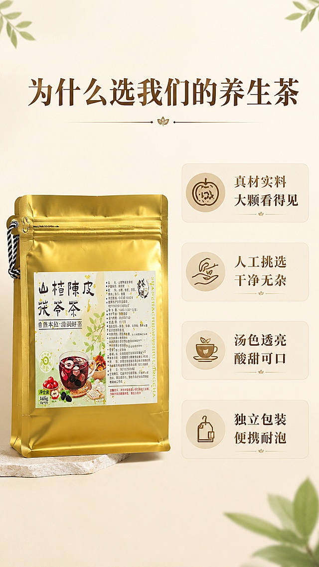 使用商品详情页技能根据商品图「图片1」「图片1」「图片1」「图片1」「图片1」生成详情页，参考图为，商品名称为山楂陈皮茯苓茶，卖点为真材实料，大颗看得见，汤色透亮，经久耐泡，人工挑选，干净无杂，茶香浓郁，酸甜可口，适配平台为淘宝/天猫，图片比例为9:16，需求屏数为8张，