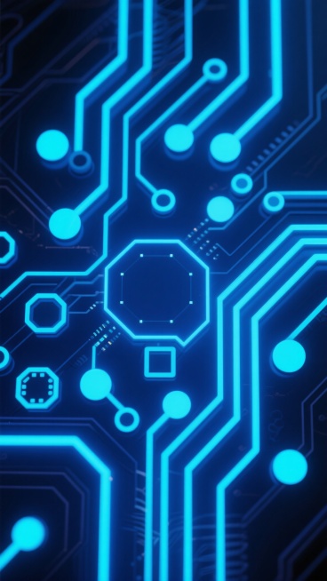 深蓝色背景上，由明亮的蓝色霓虹线条构成的复杂电路板图案，线条呈现出流畅的曲线和锐角转折，连接着不同大小的圆形节点，节点发出均匀的蓝光，整体呈现出科技感和未来感，光线从线条和节点中散发出来，形成柔和的光晕效果，电路板的布局更加密集且具有新的几何排列方式，部分区域加入了六边形和方形的电路元件轮廓，线条粗细有更多变化，局部节点呈现出脉冲式的闪烁光效，整体保持电子科技的精密感和动态视觉效果。预览效果