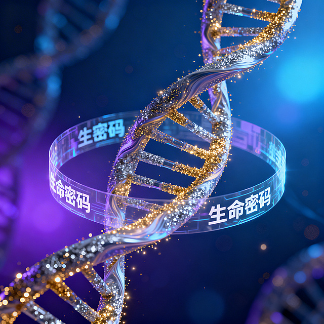 抽象概念生命密码，DNA双螺旋结构，神秘科技感，深蓝色紫色渐变发光背景，粒子光点效果，未来生物科技视觉，高品质数字艺术