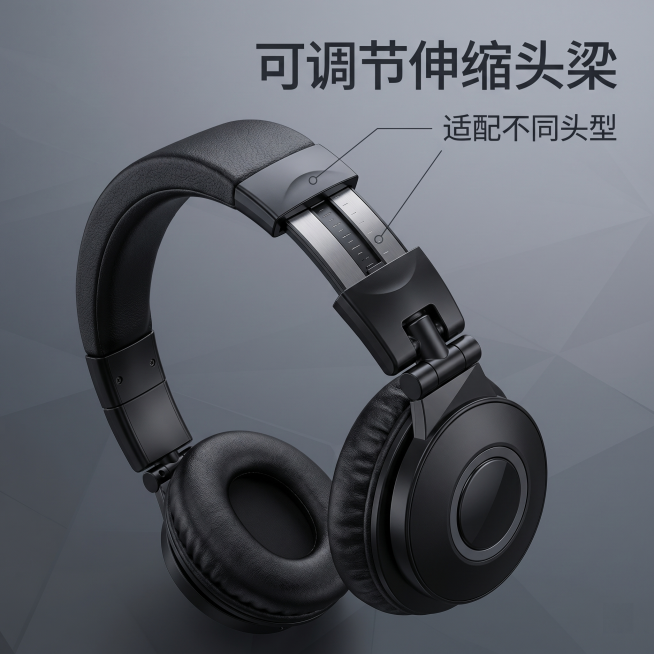 [主图 3] 可调节伸缩头梁结构展示主图。氛围风格：功能结构展示，清晰直观。画质要求商业摄影质感、产品结构清晰、画面干净高级。展示全黑头戴蓝牙耳机可调节伸缩头梁结构，保持产品外观颜色材质与原图一致，特预览效果