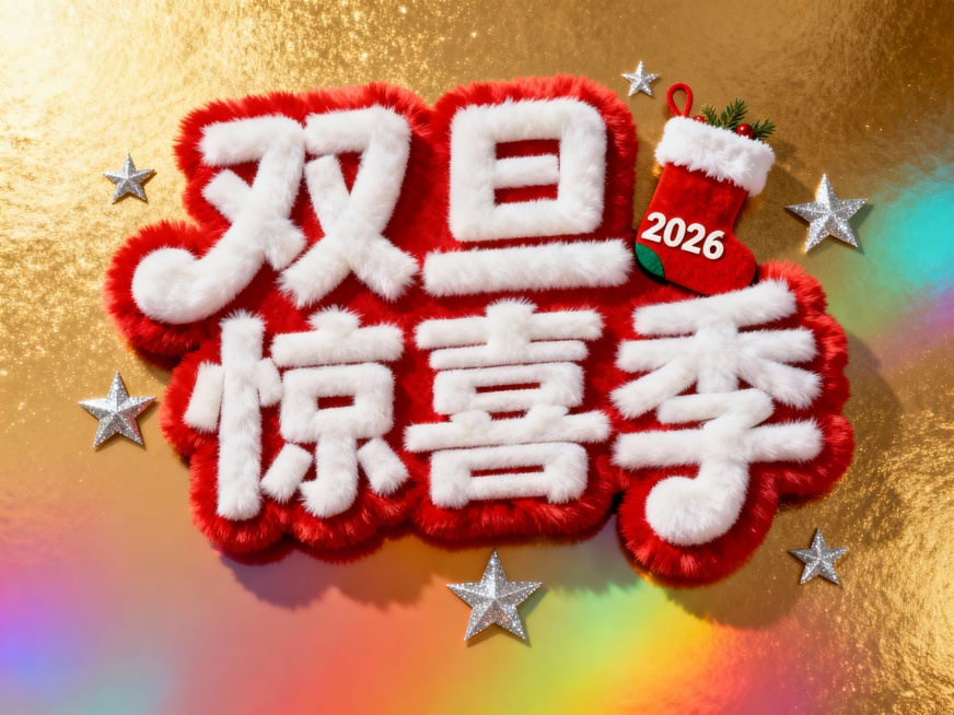 “双旦惊喜季” 毛绒艺术字，白字红绒边，嵌入圣诞袜、数字 “2026” 元素，点缀银色星星装饰，鎏金渐变背景预览效果