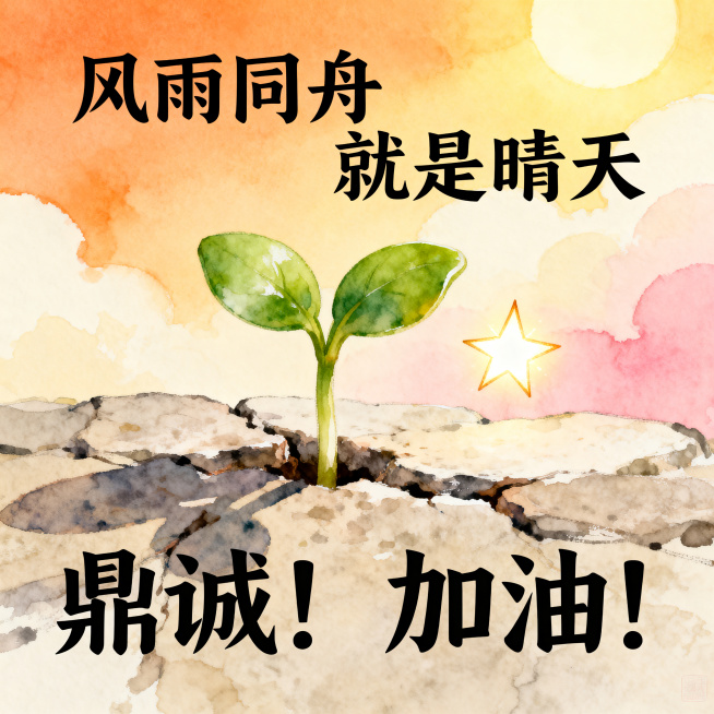 方形海报，适合微信群传播，高清，水墨画质感，温馨轻松风格，不传统不老套，画面温暖有希望，朋友间打气的感觉。一株翠绿逼真的幼苗从石缝中长出，沐浴在阳光下，旁边有一颗闪烁的星星，风格为温柔的水彩柔和插画，预览效果
