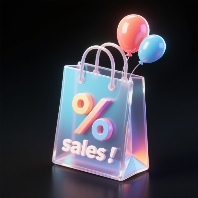 一个可爱的透明购物袋，促销元素装饰，有%、sales、！、气球符号，不要出现数字，纯黑色背景预览效果