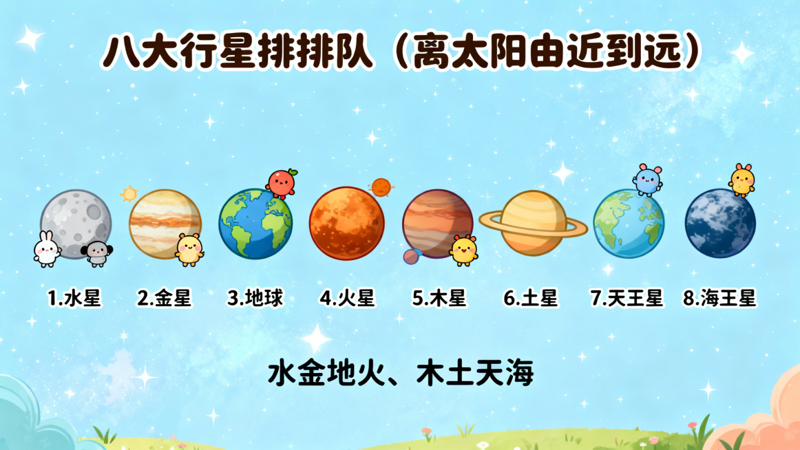 小学生太阳系科普演讲PPT内容页，同系列卡通童趣风格，浅蓝星空背景，顶部标题为"八大行星排排队（离太阳由近到远）"，下方按顺序排列：1.水星 2.金星 3.地球 4.火星 5.木星 6.土星 7.天王预览效果
