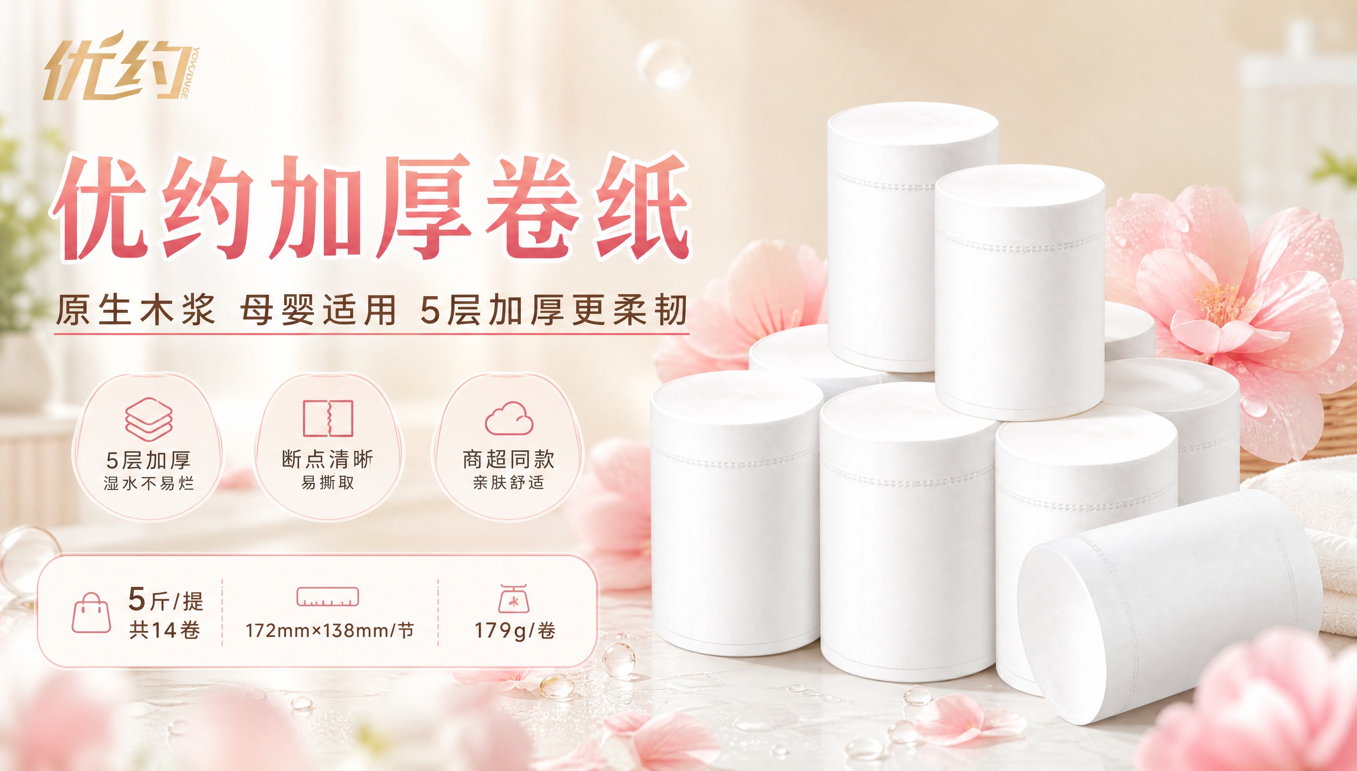 优约加厚卷纸横幅宣传广告图，写实商业摄影风格，洁净明亮的居家日… - 图片创意预览