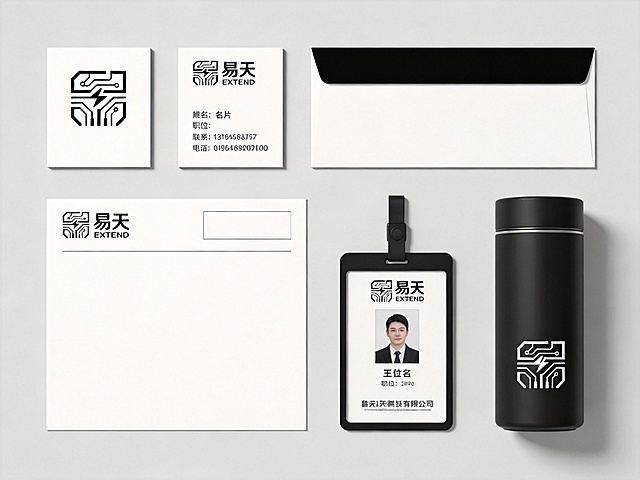 基于提供的易天EXTEND logo生成一套完整的VI视觉识别系统，包含名片、信封、信纸、工牌、办公水杯五个应用场景，整体风格简约科技感，黑白配色，保留原logo设计