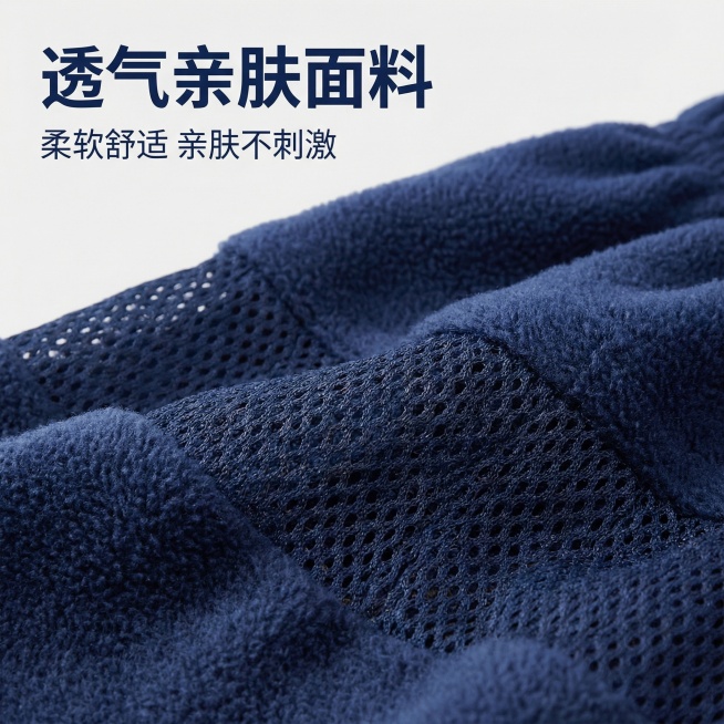 [主图2]老年人隔尿裙面料细节展示，[主图主题]隔尿裙优质面料细节，[氛围/风格]专业商品摄影风格，清晰干净，[画面元素]特写展示藏蓝色隔尿裙的面料纹理，面料柔软蓬松，展示透气网眼结构，背景为干净浅灰预览效果