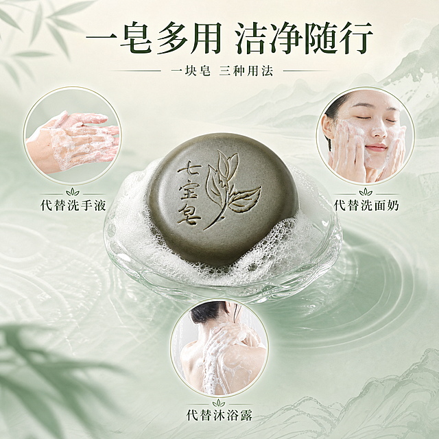 [主图-3] 一皂多用功能展示，突出七宝皂可以代替洗手液、洗面奶、沐浴露的多种用途。
[统一基调] 整体风格简洁干净高级，草本中医中国风，清雅淡绿色系；背景淡青绿与米白；主标题细衬线宋体深墨绿色；柔和自然光感。
[画面] 画面中央放置圆形七宝皂皂体（带植物雕刻图案）放在透明玻璃皂碟上，皂体周围有绵密细腻的白色泡沫环绕；画面分为三个功能区域，用淡雅的圆形小场景图标展示三种用途：左上圆形小图展示洗手场景（手部揉搓出泡沫的双手），右上圆形小图展示洗脸场景（脸部清洁脸部泡沫），下方圆形小图展示沐浴场景（沐浴泡沫）；每个小图下方有对应文字标注。背景为淡绿色渐变，有水墨波纹元素，整体干净清爽。皂体占画面约40%，三个功能图标均匀分布。
[光影质感] 高级摄影质感，柔和自然光，泡沫绵密细腻有空气感，皂体质感温润，玻璃皂碟通透有光泽。
[配色] 主色淡青绿、白色泡沫白、米白；强调色深墨绿。
[文字版式] 上方大字号主标题“一皂多用 洁净随行”细衬线宋体深墨绿色；主标题下方小字“一块皂 三种用法；三个功能图标下方分别标注“代替洗手液”“代替洗面奶”“代替沐浴露”。文字横排，清晰易读。
[输出要求] 1:1正方形，2048x2048，文字清晰，皂体清晰；负向：变形、错字、模糊、杂乱、水印、平台Logo、二维码。
