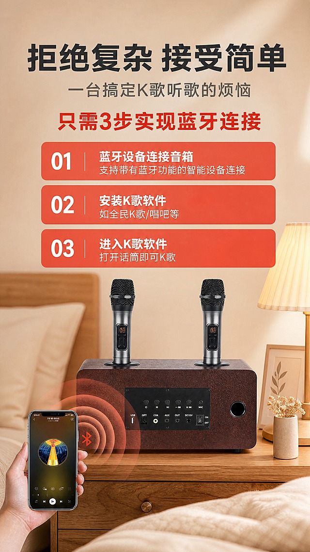 [商品] 使用【图4】闻歌N-S10S家庭KTV音响背面接口图+手持手机图；保留木纹箱体背面、接口面板、双麦克风、手机K歌界面的结构、颜色、材质和比例；产品原貌不变，优化场景融合。
[画面] 目标：使用步骤-蓝牙连接，3步快速上手。构图：上标题+中部3步步骤条纵向排列+底部产品场景图；3个红色圆角步骤卡片从上到下排列，编号01/02/03；底部为产品放在卧室床边场景，左侧手持手机显示K歌APP界面，蓝牙信号波纹从手机连向音箱；背景为暖米色卧室场景，温馨柔和。
[视觉] 套系策略：风格=国内数码家电商业精修风，科技感+温馨家居结合；标题字=思源黑体粗体，大字厚重；正文字=思源黑体常规，清晰易读；主色=深棕木纹色+黑色；背景延展=暖米色渐变背景，卧室场景虚化，同色系深浅层级；强调色=暖红色+暖橙色，用于步骤卡片、高亮标签、蓝牙波纹；标题色=深炭灰；正文色=中暖灰；组件=红色圆角步骤卡、白色数字编号、蓝牙波纹图标；光影=左前侧暖柔光，场景自然采光。
[文字] 顶部主标题"拒绝复杂 接受简单"（深炭灰粗体大字）；副标题"一台搞定K歌听歌的烦恼"（中灰色小字）；红色大字强调"只需3步实现蓝牙连接"；3个步骤卡片：01"蓝牙设备连接音箱 支持带有蓝牙功能的智能设备连接" 02"安装K歌软件 如全民K歌/唱吧等" 03"进入K歌软件 打开话筒即可K歌"；所有文字横排，步骤编号醒目。
[规格] 图片比例9:16竖版，4K，负向提示：避免产品变形、错字乱码、文字过小、步骤顺序错误、商品颜色改变、冷蓝背景、接口错乱。