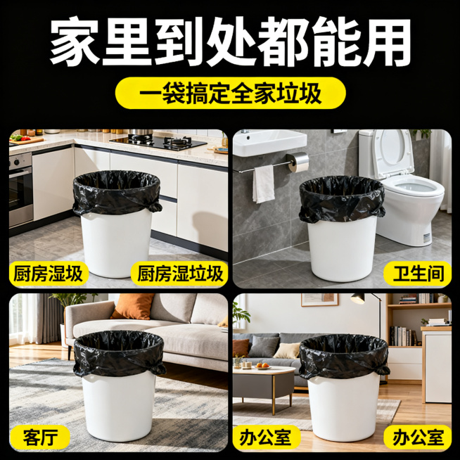 [黑色款主图 4] 修改版。标题"家里到处都能用"场景图。[氛围风格] 生活化实用展示。[画质] 商业摄影质感，高清8K，画面干净。[元素] 上方黄色横幅背景配黑色文字"一袋搞定全家垃圾"，下方2×2预览效果