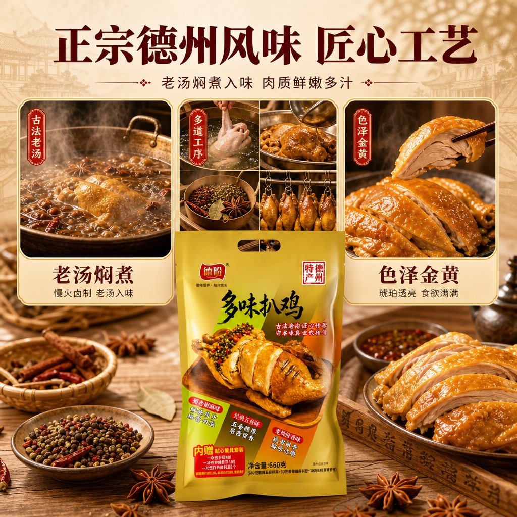 [商品] 使用【图1】德盼多味扒鸡金色包装袋作为辅助元素；保留… - 图片创意预览