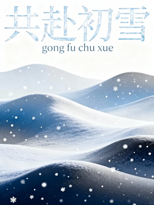 弥散风格冬日氛围海报，以纯净的白色和深浅不一的蓝色、灰色渐变为主色调，营造出冬日雪景的清冷与宁静感。画面中是柔和起伏的波浪形山峦轮廓，如同覆盖着厚厚白雪的远山，点缀着零星飘落的白色雪花，轻盈而梦幻。标题文字“共赴初雪”采用优雅的白色无衬线字体，字形修长，带有轻微的冰雪质感，在渐变背景上形成鲜明而和谐的视觉焦点，下方辅以较小字号的拼音“gong fu chu xue”，整体排版简洁大气，视觉层级……预览效果