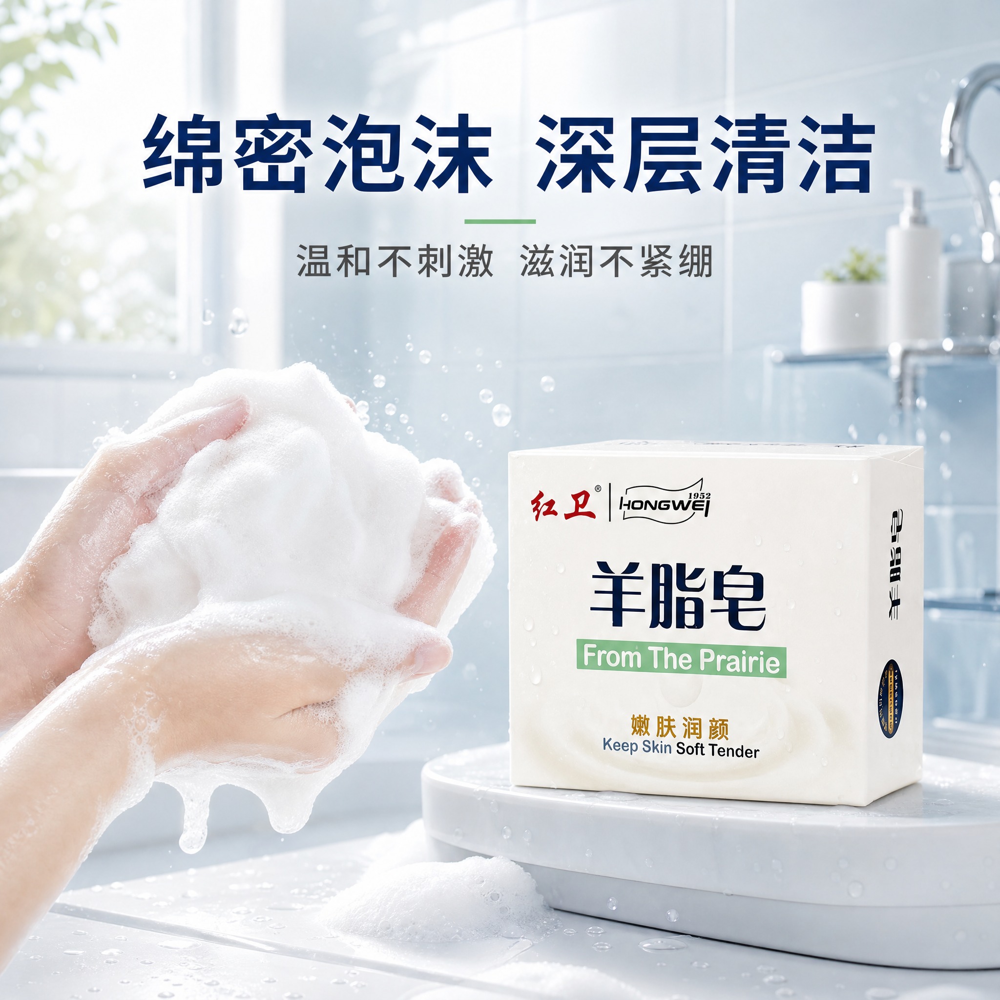 [主图-3] 质地与使用场景展示，展示羊脂皂的绵密泡沫和沐浴使… - 图片创意预览