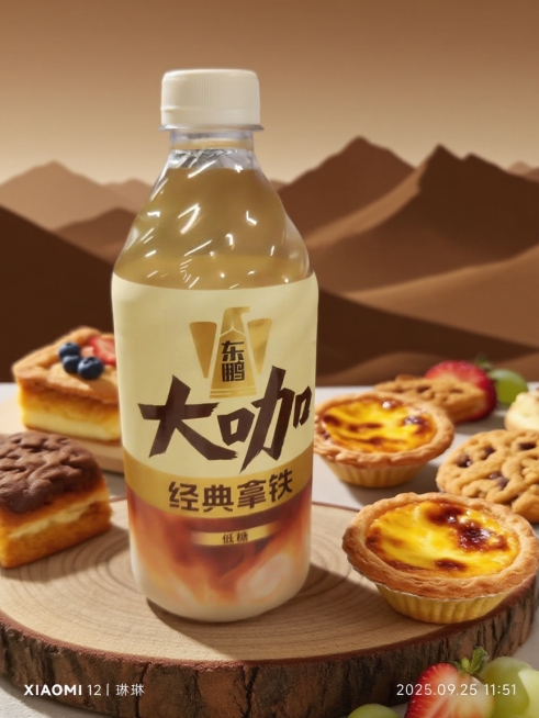 保持主体外观和形状。主体放置一根木块上，搭配蛋挞、蛋糕、饼干、水果。以暖棕色调远山为背景，营造古朴自然且高级的质感。一键换背景，电商商品图预览效果
