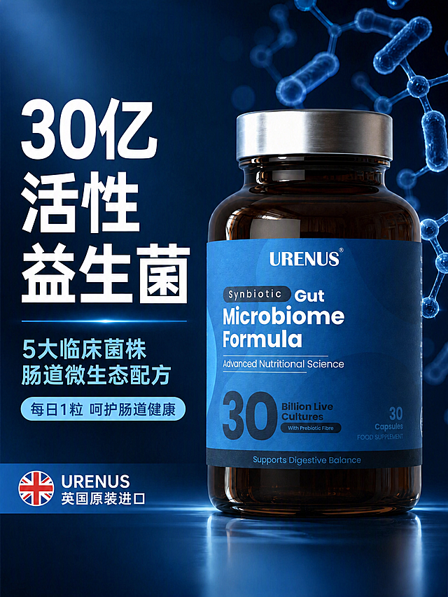 将图中所有中文文案里的'300亿'修改为'30亿'，包括大标题'300亿活性益生菌'改为'30亿活性益生菌'。保持瓶身英文'30 Billion Live Cultures'不变，保持整体画面风格、布局、颜色、产品外观完全不变，文字字体和样式与原图保持一致。