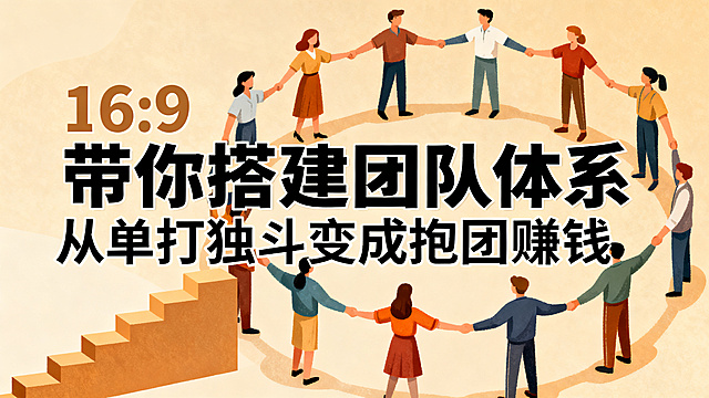 16:9海报，手绘扁平风格，主标题"带你搭建团队体系"加粗黑体，副标题"从单打独斗变成抱团赚钱"圆体，背景是多人手拉手围成圈团队插图，搭配阶梯成长元素，主副标题分明，不要纯白背景，暖色调商务背景