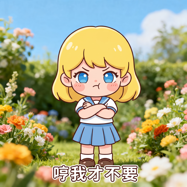 基于已有小女孩IP形象，蓝色眼睛黄色头发，制作表情包：生气叉腰鼓脸，配文字"哼我才不要"，卡通Q版风格，同IP保持一致形象预览效果