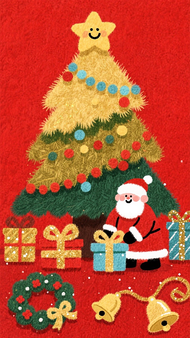 喜庆红底圣诞插画，卡通拟人圣诞树与笑脸星星，刺绣质感礼物与铃铛，童趣温馨节日氛围。