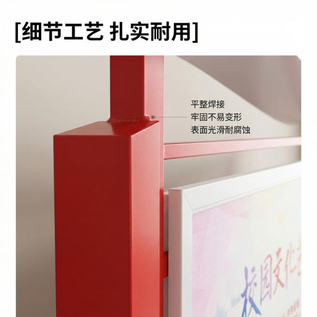 [主图 3] 产品工艺细节展示
[氛围风格] 高清特写，突出工艺品质
[画面元素] 商业摄影质感、光线柔和通透、产品清晰真实、画面干净高级。特写放大宣传栏的金属框架焊接部位与面板细节，展示平整光滑的金预览效果