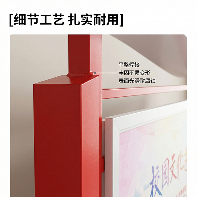 [主图 3] 产品工艺细节展示
[氛围风格] 高清特写，突出工艺品质
[画面元素] 商业摄影质感、光线柔和通透、产品清晰真实、画面干净高级。特写放大宣传栏的金属框架焊接部位与面板细节，展示平整光滑的金属工艺，保持原产品材质特征，纹理清晰可见，背景虚化突出细节。
[配色色系] 主色调：金属银灰色、红色框架，背景浅纯色
[视角构图] 特写视角，聚焦细节部位，背景虚化突出主体
[文字版式] 左上角放置标题 "[细节工艺 扎实耐用]"，黑色粗体；特写部位旁附文字说明 "平整焊接 牢固不易变形 表面光滑耐腐蚀"，小字说明清晰不遮挡细节。
[比例分辨率] 1:1比例，2k分辨率，文字清晰可辨，超高清。
[负向提示词] 变形，水印，文字错乱，产品模糊，背景杂乱，遮挡细节