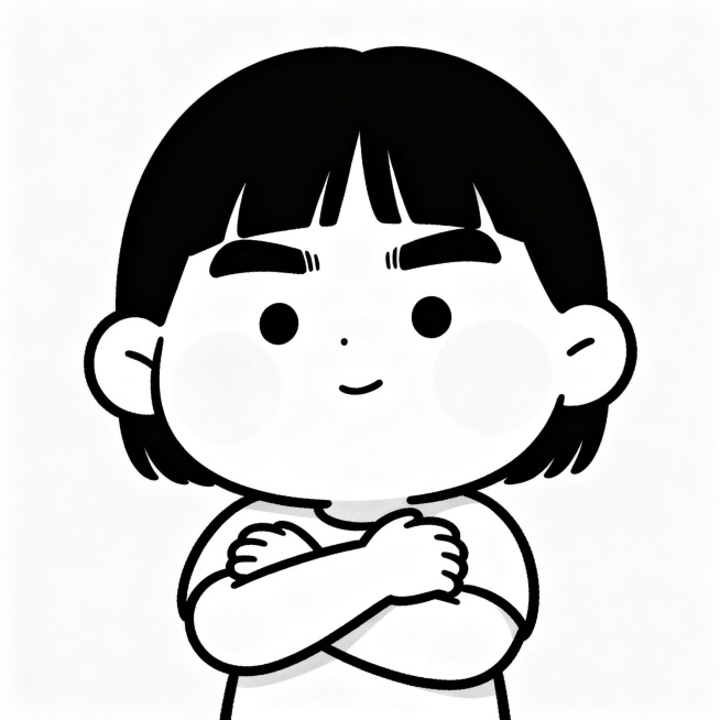 根据参考面部特征：黑色中分短发，圆润脸型，浓眉，肤色偏白，设计成Q版卡通人物形象，人物保持双手抱胸姿势，纯色背景，卡通插画风格预览效果