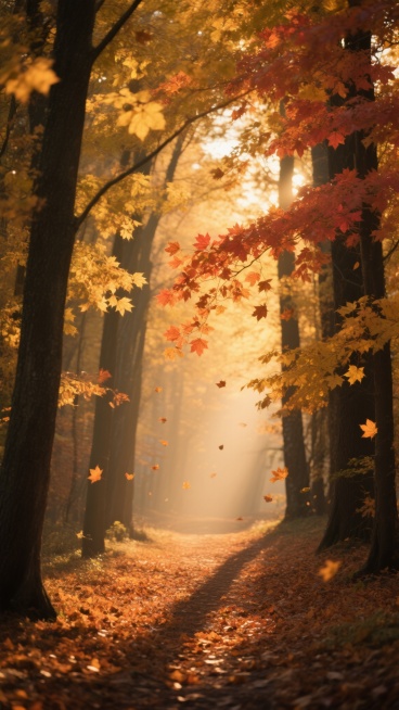 秋日林间小径，两侧高大树木枝繁叶茂，金黄与橙红色的枫叶挂满枝头，部分叶片随风飘落，地面铺满厚厚的落叶，呈现出温暖的秋季氛围。光线改为柔和的傍晚逆光，阳光从树林尽头斜射进来，在地面投下长长的树影，树叶边缘被染上一层金色的光晕，整个画面笼罩在温暖而朦胧的霞光之中，营造出宁静而略带梦幻的秋日傍晚意境。预览效果