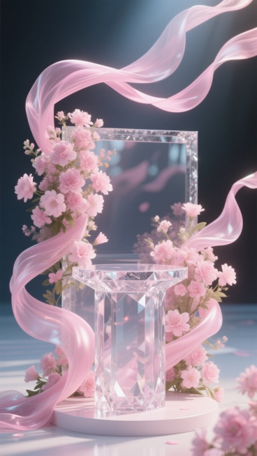 透明的水晶展台，展台后面周围环绕着粉色飘带和盛开的粉色花朵，营造出温馨、甜蜜的氛围预览效果