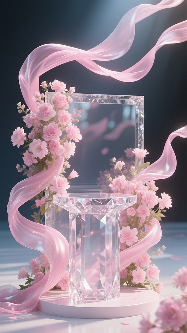 梦幻3D风，粉色液态丝带缠绕透明水晶花瓶，营造甜美浪漫的虚拟自然场景。