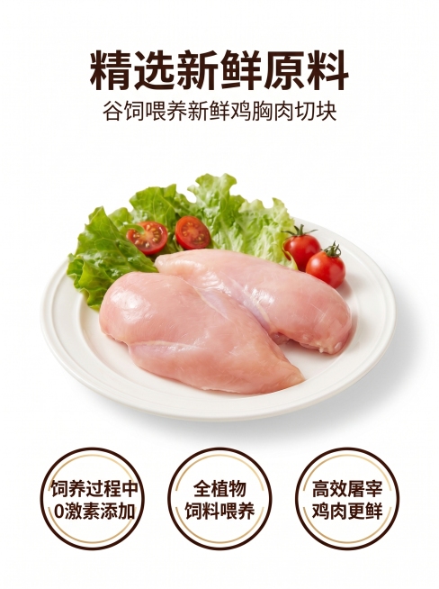 参考图1简约干净的风格和白底背景排版方式，设计鸡胸肉产品的电商详情页，保留参考图2中所有文案内容："精选新鲜原料" "谷饲喂养新鲜鸡胸肉切块" "饲养过程中0激素添加" "全植物饲料喂养" "高效屠宰预览效果