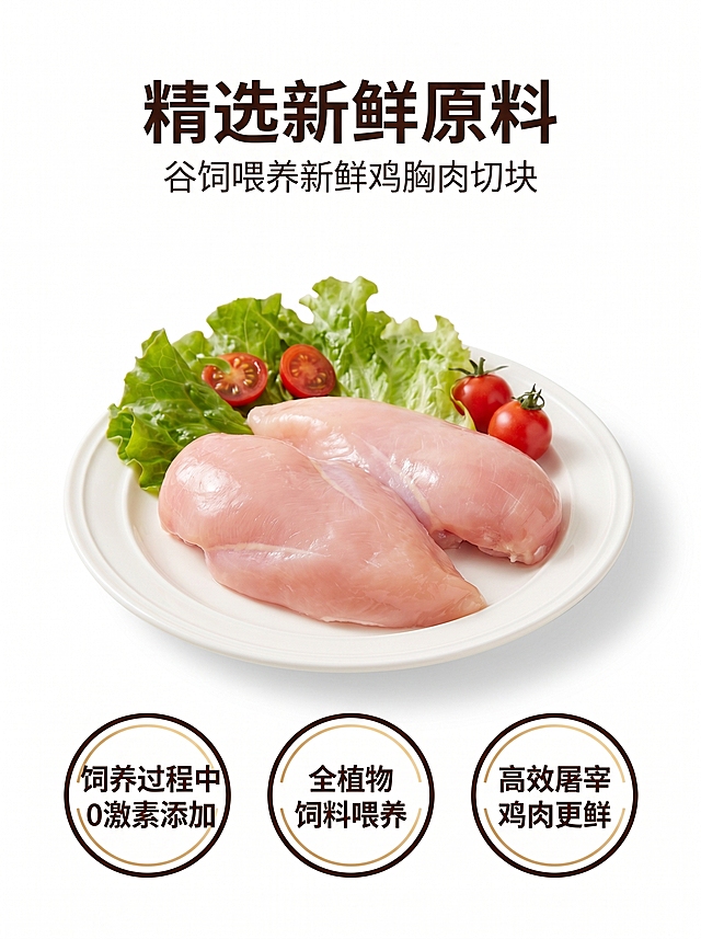 参考图1简约干净的风格和白底背景排版方式，设计鸡胸肉产品的电商详情页，保留参考图2中所有文案内容："精选新鲜原料" "谷饲喂养新鲜鸡胸肉切块" "饲养过程中0激素添加" "全植物饲料喂养" "高效屠宰 鸡肉更鲜"，排版设计具有设计感，保持内容不变形不扭曲，风格与参考图一一致，简约高级干净