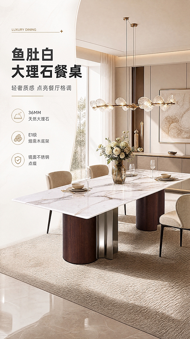 [商品] 使用【图1】DT-6630餐桌；保留长方形鱼肚白大理石台面、天然纹理、双圆柱形烟熏木色底架、中间镜面不锈钢立柱的结构、颜色、材质和比例；修复增强大理石纹理清晰度、金属光泽质感和木皮纹理，不改变产品结构。
[画面] 目标：轻奢餐厅空间头图，建立大气高级第一印象。左文右景构图，左侧约1/3留白文案区，右侧现代轻奢餐厅大场景，餐桌居中偏右为视觉主体，占画面约60%；搭配简约餐椅、精致餐具、花艺吊灯、浅色系墙面与地面，暖调自然光从侧窗洒入，营造高级明亮的用餐氛围；前景地毯、中景餐桌餐椅、后景墙面装饰与吊灯，3层以上空间层次。
[视觉] 套系策略：风格=现代轻奢高级家居商业摄影；标题字=现代简约粗黑体；正文字=纤细无衬线体；主色=亮白+浅米灰；背景延展=基于亮白浅米做同色系深浅渐变、大理石纹理与柔光质感；强调色=古铜金/暖金属色，仅用于小面积图标、引线和标签；标题色=深炭灰；正文色=中暖灰；组件=细线信息卡、金属质感引线、极简图标；光影=左前侧暖自然光，柔和通透，高光干净。
[文字] 左侧文案区：主标题「鱼肚白大理石餐桌」，副标题「轻奢质感 点亮餐厅格调」，3条亮点「36MM天然大理石」「E1级烟熏木底架」「镜面不锈钢点缀」，系列角标英文「LUXURY DINING」；文字横排，层级清晰，不遮挡餐桌主体。
[规格] 比例9:16竖版，分辨率4K，quality=medium；避免变形、错字、文字过小、冷蓝灰主调、产品结构改变、纹理错乱。