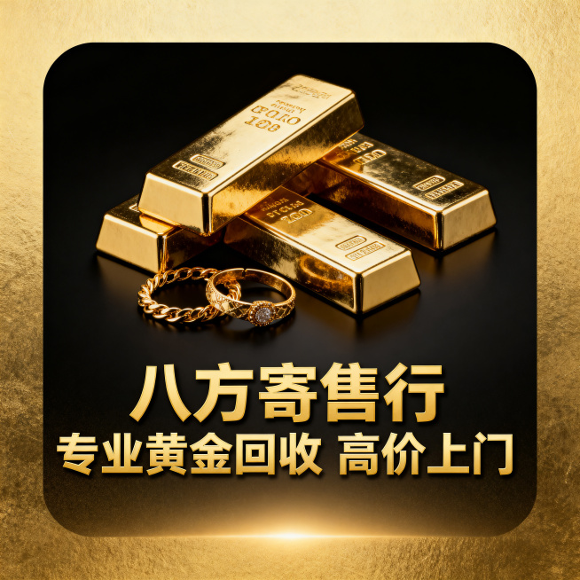 八方寄售行黄金回收宣传照片，1:1正方形，高端黑金风格，展示金条金饰，文字“八方寄售行 专业黄金回收 高价上门”，清晰大气适合推广预览效果