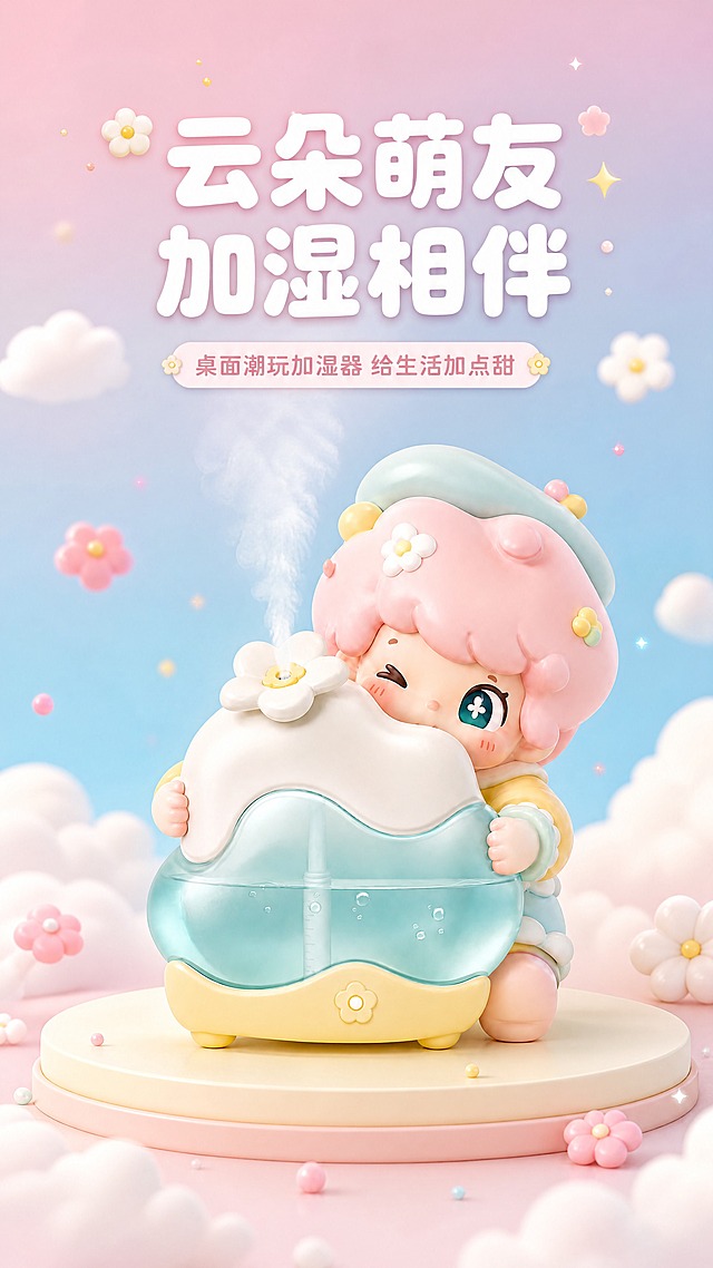 [商品] 使用精修后云朵萌友加湿器潮玩摆件图；保留粉发贝雷帽女孩造型、云朵形加湿器主体、顶部花朵喷口、透明薄荷绿水箱、淡黄色底座、小花装饰等全部结构与颜色；保持原图角度与比例不变；增强表面光滑质感、透明水箱通透感和水雾轻盈感。
[画面] 页面目标：氛围头图 建立萌系潮玩第一印象 主打颜值与情绪价值；构图：产品居中偏下 占画面约50% 上方留足标题空间；景别：中全景；前中后景：前景奶油色圆形地台 中景产品主体 背景粉蓝渐变天空加漂浮云朵小花；加湿器顶部花朵喷出细腻白色水雾向上飘散 整体氛围梦幻治愈。
[视觉] 套系策略：风格=马卡龙甜系潮玩风 干净清爽 产品突出；标题字=圆润粗体无衬线 可爱饱满；正文字=圆润无衬线体 清晰易读；主色=马卡龙粉 薄荷蓝 奶油白；背景延展=基于马卡龙粉蓝做渐变层次 云朵 小花 糖粒等甜品风装饰元素；强调色=淡黄色 仅用于小面积图标 引线 装饰点缀；标题色=白色或深粉色；正文色=深粉色或浅灰色；组件=圆角信息卡 软曲线分割 小花图标 云朵装饰；光影=柔和顶光加侧光 均匀明亮 阴影浅淡干净 产品立体感强。
[文字] 画面上方居中主标题 云朵萌友 加湿相伴 副标题 桌面潮玩加湿器 给生活加点甜 文字放在产品上方负空间 不遮挡主体 主标题最大 副标题缩小60% 层级清晰 全部横排。
[规格] 比例9:16 4K超清 产品清晰不变形 文字清晰可读无错字 画面干净治愈 无水印 无平台Logo 禁止绝对化用语 禁止产品颜色偏差 禁止水雾夸张失真。