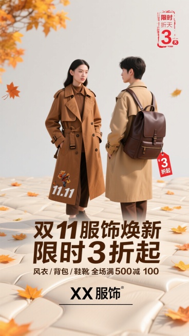 【风格】时尚杂志风 + 简约高级质感，画面干净，带轻微复古滤镜【核心元素】主体为模特穿搭组合（左侧模特穿秋季风衣 + 右侧模特背新款背包，姿态自然互动），辅助元素为 “11.11” 刺绣图案（风衣衣角预览效果