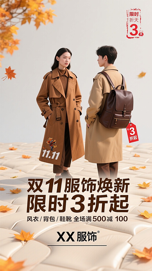 复古风与现代感融合，轻拟物设计呈现秋日温馨氛围，3D质感面料风搭配落叶元素，传递舒适柔和的时尚体验，双11促销信息突出，营造文艺而温暖的购物情境。