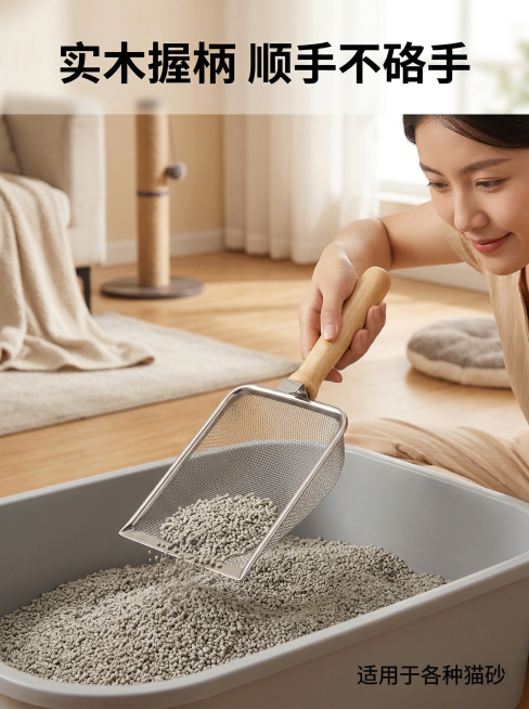 [主图 4] 猫砂铲使用场景展示，突出便捷实用特性
[氛围/风格] 真实养猫场景，温馨生活化，明亮自然
[画面元素] 模特（亚洲女生）手握住猫砂铲实木手柄，正在猫砂盆中过滤猫砂，展示实际使用姿态；背景预览效果