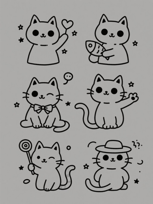 简笔画风格，六只不同造型的小猫，每只小猫都有圆润的头部、三角形的耳朵、黑豆般的眼睛和小巧的鼻子，线条简洁流畅，轮廓清晰，造型可爱。第一只小猫举着一颗爱心，周围有几颗小星星；第二只小猫抱着一条小鱼干，嘴角微微上扬；第三只小猫戴着蝴蝶结，爪子向前伸出，仿佛在打招呼；第四只小猫坐在地上，尾巴卷曲在身侧，眼睛眯成一条缝，显得十分惬意；第五只小猫手里拿着一根棒棒糖，头上有一个小气泡；第六只小猫戴着一顶小……预览效果