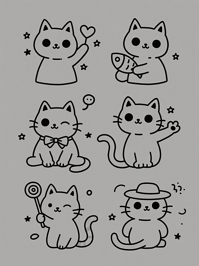 简笔画风格，六只不同造型的小猫，每只小猫都有圆润的头部、三角形的耳朵、黑豆般的眼睛和小巧的鼻子，线条简洁流畅，轮廓清晰，造型可爱。第一只小猫举着一颗爱心，周围有几颗小星星；第二只小猫抱着一条小鱼干，嘴角微微上扬；第三只小猫戴着蝴蝶结，爪子向前伸出，仿佛在打招呼；第四只小猫坐在地上，尾巴卷曲在身侧，眼睛眯成一条缝，显得十分惬意；第五只小猫手里拿着一根棒棒糖，头上有一个小气泡；第六只小猫戴着一顶小帽子，双手背在身后，姿态俏皮。每只小猫周围都点缀着一些简单的装饰元素，如小星星、小弧线等，整体画面充满童趣，构图分布均匀。