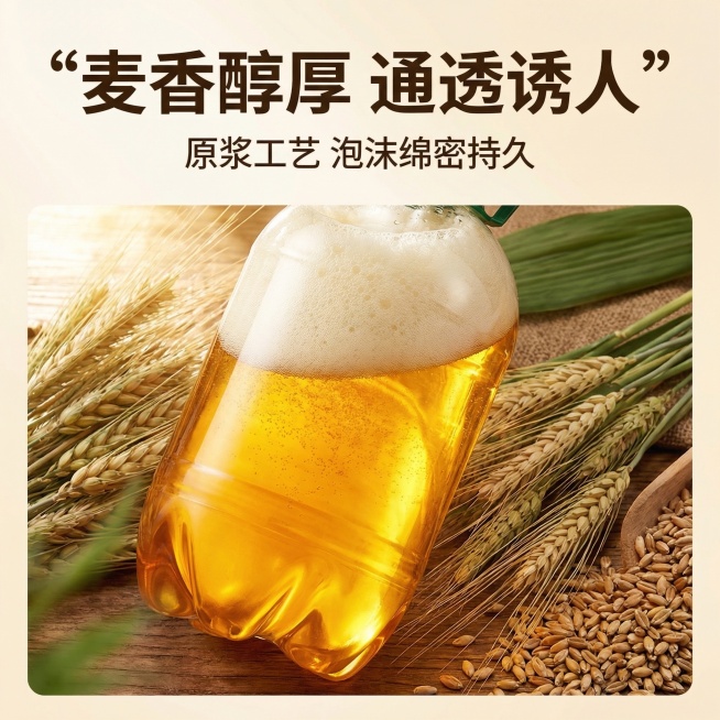 主图3：头狼原浆精酿啤酒细节特写图，产品外观与原图一致，放大展示啤酒通透酒液与细腻泡沫，背景摆放新鲜大麦原料衬托，自然暖逆光突出酒液金黄光泽，主标题“麦香醇厚 通透诱人”加粗放在顶部，细节文案标注“原预览效果