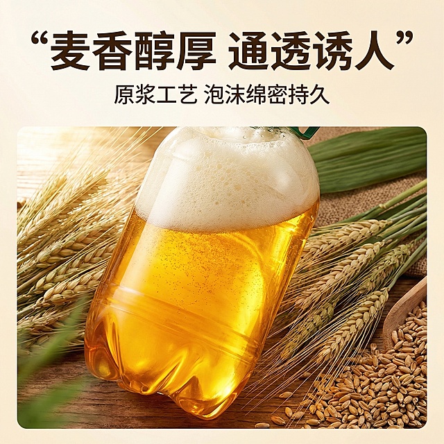 主图3：头狼原浆精酿啤酒细节特写图，产品外观与原图一致，放大展示啤酒通透酒液与细腻泡沫，背景摆放新鲜大麦原料衬托，自然暖逆光突出酒液金黄光泽，主标题“麦香醇厚 通透诱人”加粗放在顶部，细节文案标注“原浆工艺 泡沫绵密持久”，排版简洁，文字不遮挡产品细节，整体风格干净高级突出品质感，1:1构图。