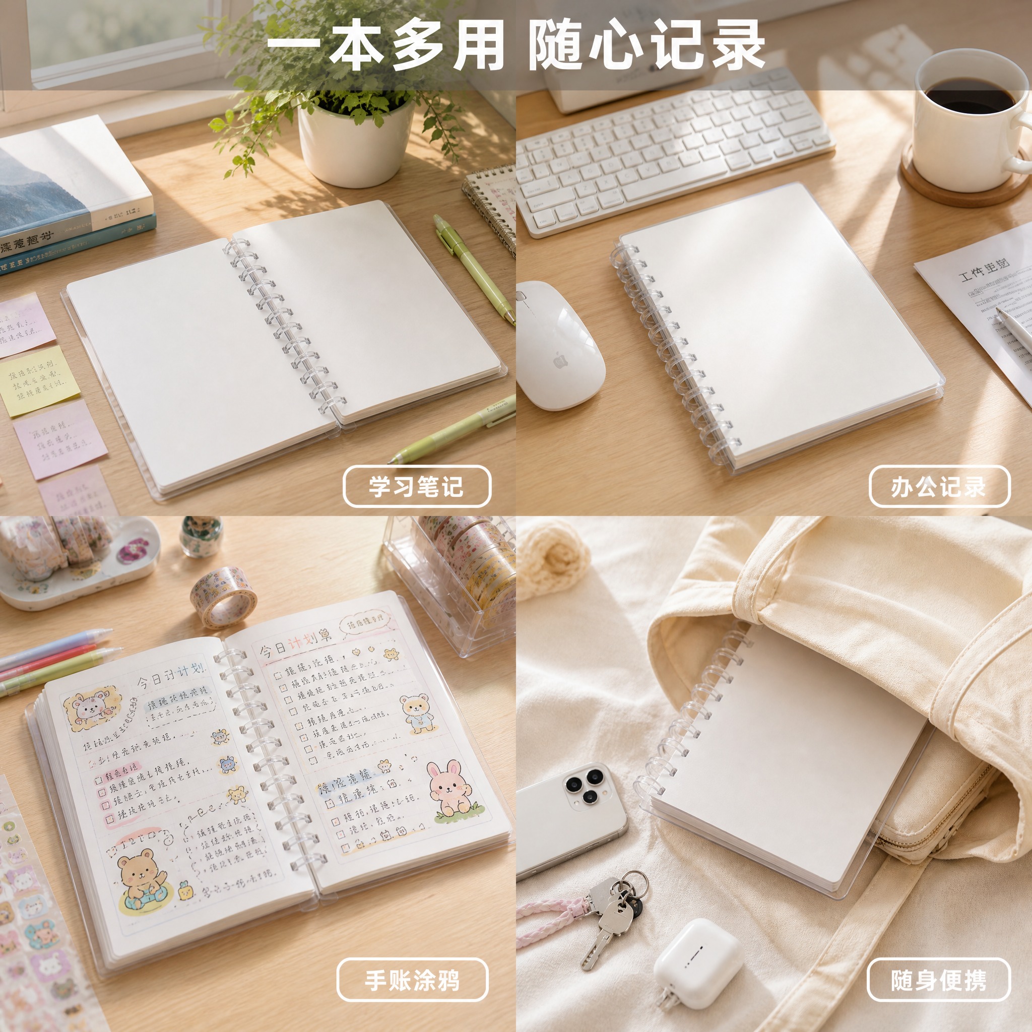 四宫格构图的活页本多场景使用展示图，参考图4的排版模式和暖色调… - 图片创意预览
