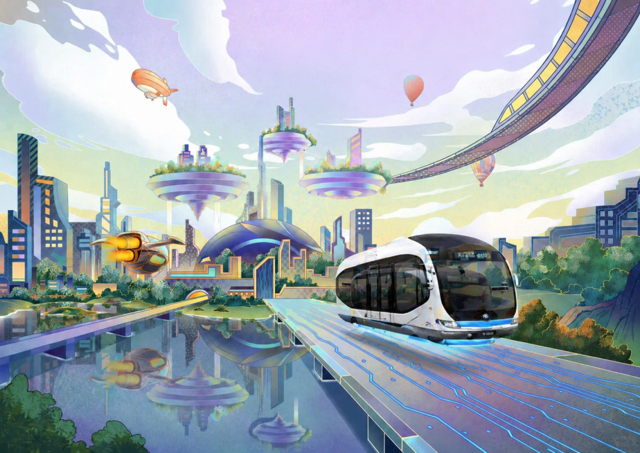 保留原图整体构图、未来城市国潮插画风格以及所有背景元素，将画面中的轮式公交替换为悬浮式公交，公交悬浮在道路上方预览效果